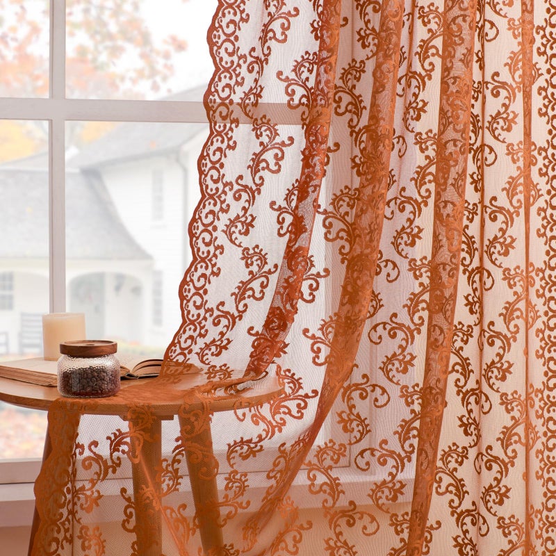 FOLKSIDE Rust Terracotta Lace Curtains 96 Inches Long 2 Panels Country Lace Sheer Curtains for Living Room Bedroom Rod Pocket Light Filtering Vintage French Drapes Pumpkin Fall Autumn Window Decor  52x96 - Image 2